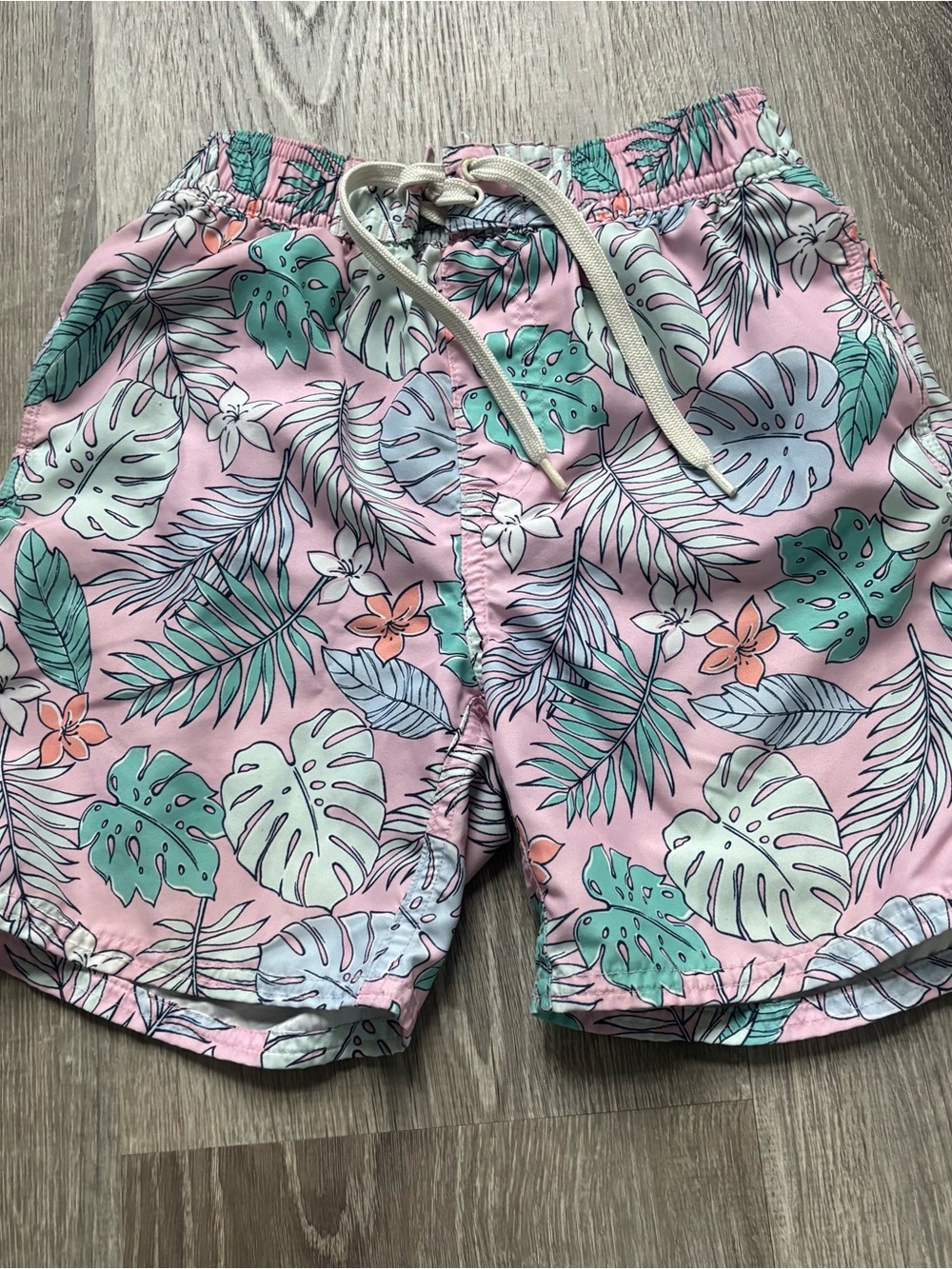 Quince Boys Pink Tropical Leaf Swim Trunks size 7